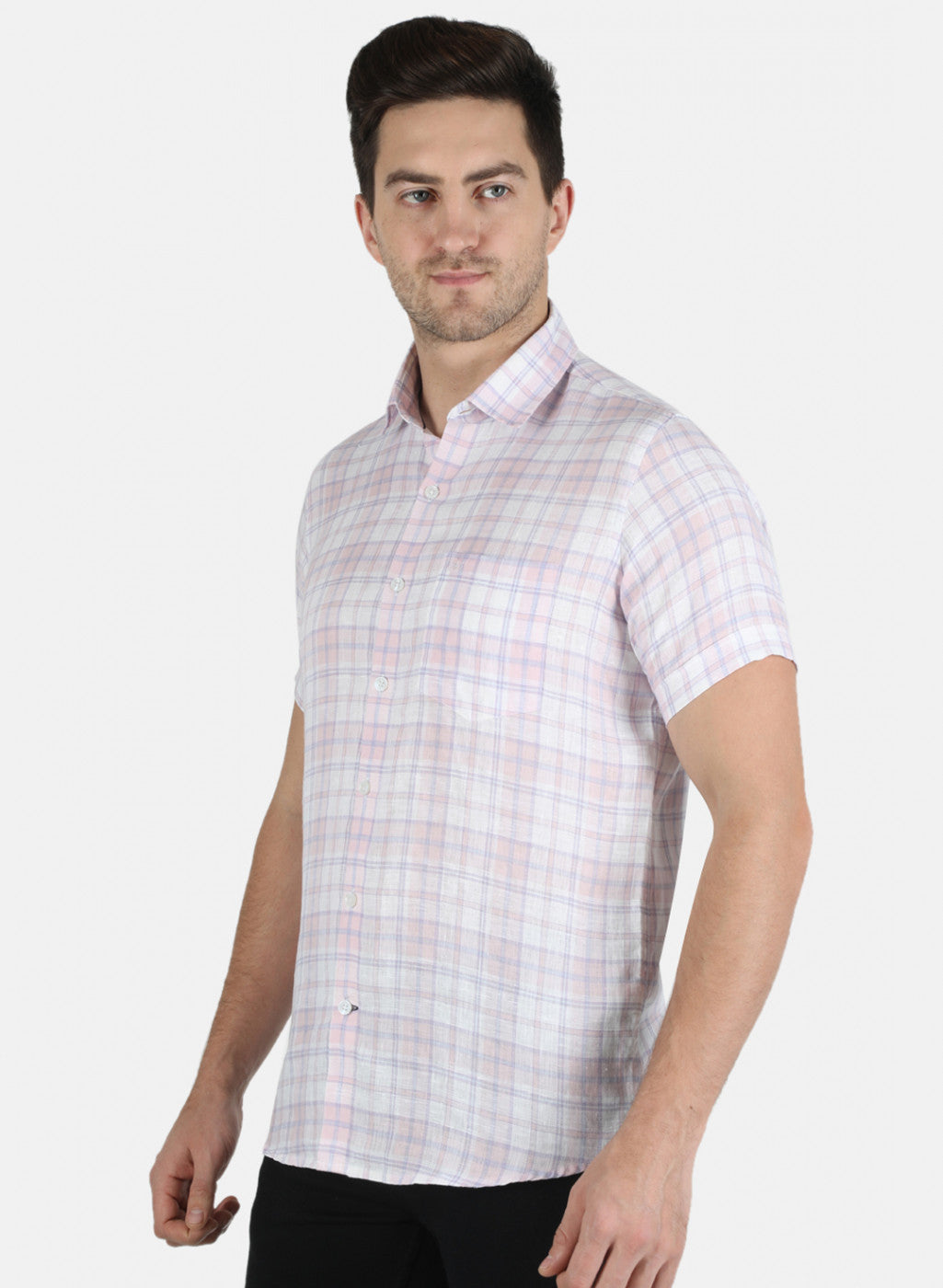 Men Purple Check Linen Shirt