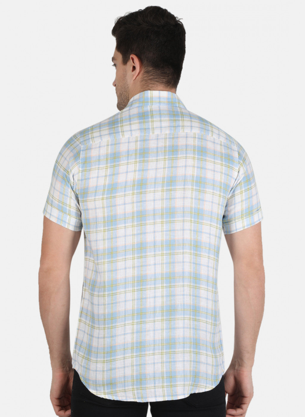 Men Blue Check Linen Shirt