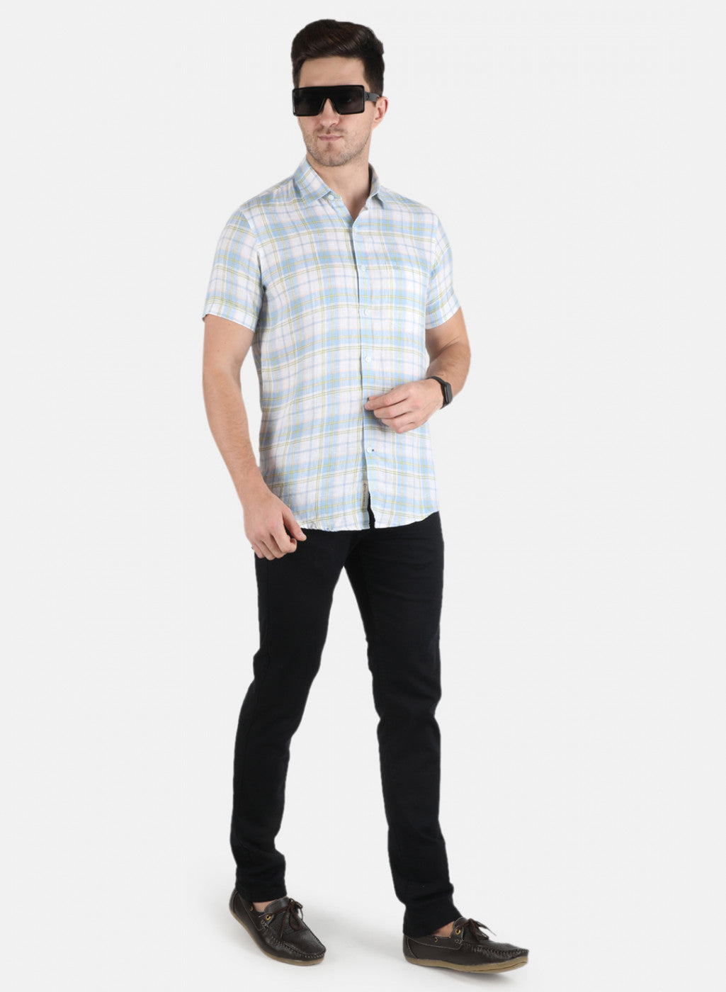 Men Blue Check Linen Shirt