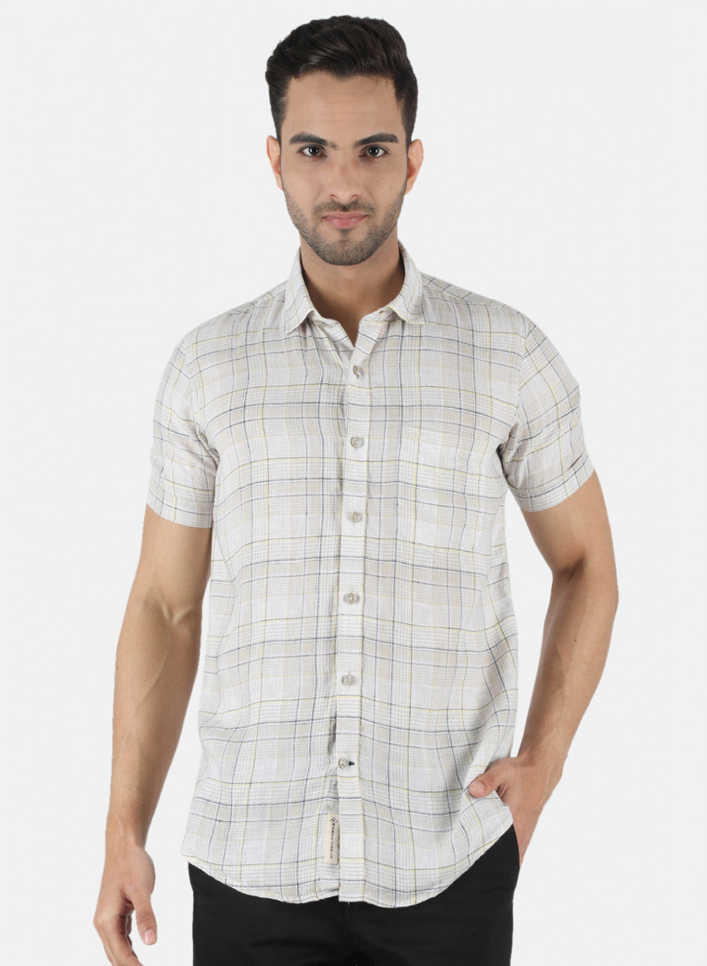 Men Beige Check Linen Shirt