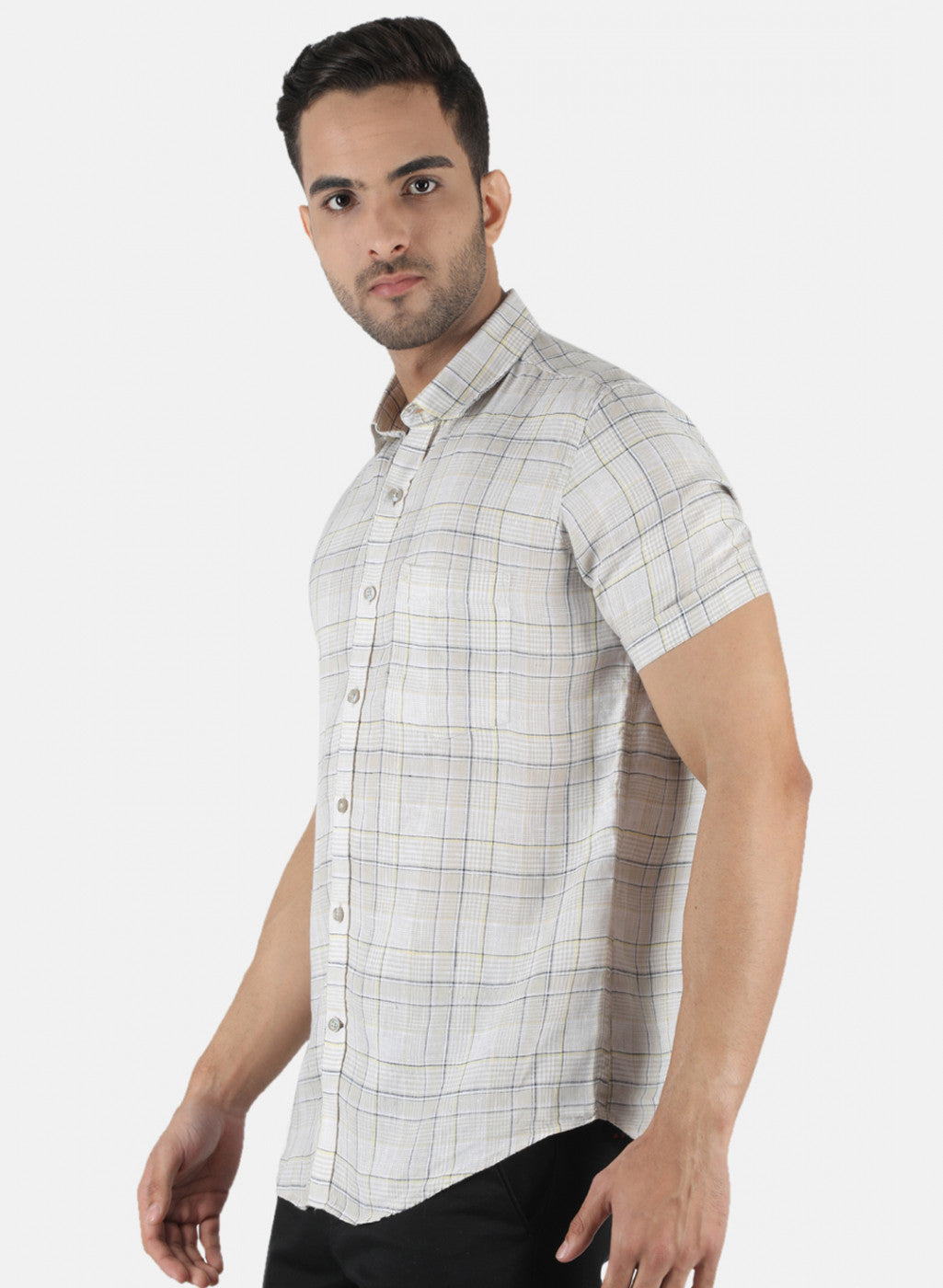 Men Beige Check Linen Shirt