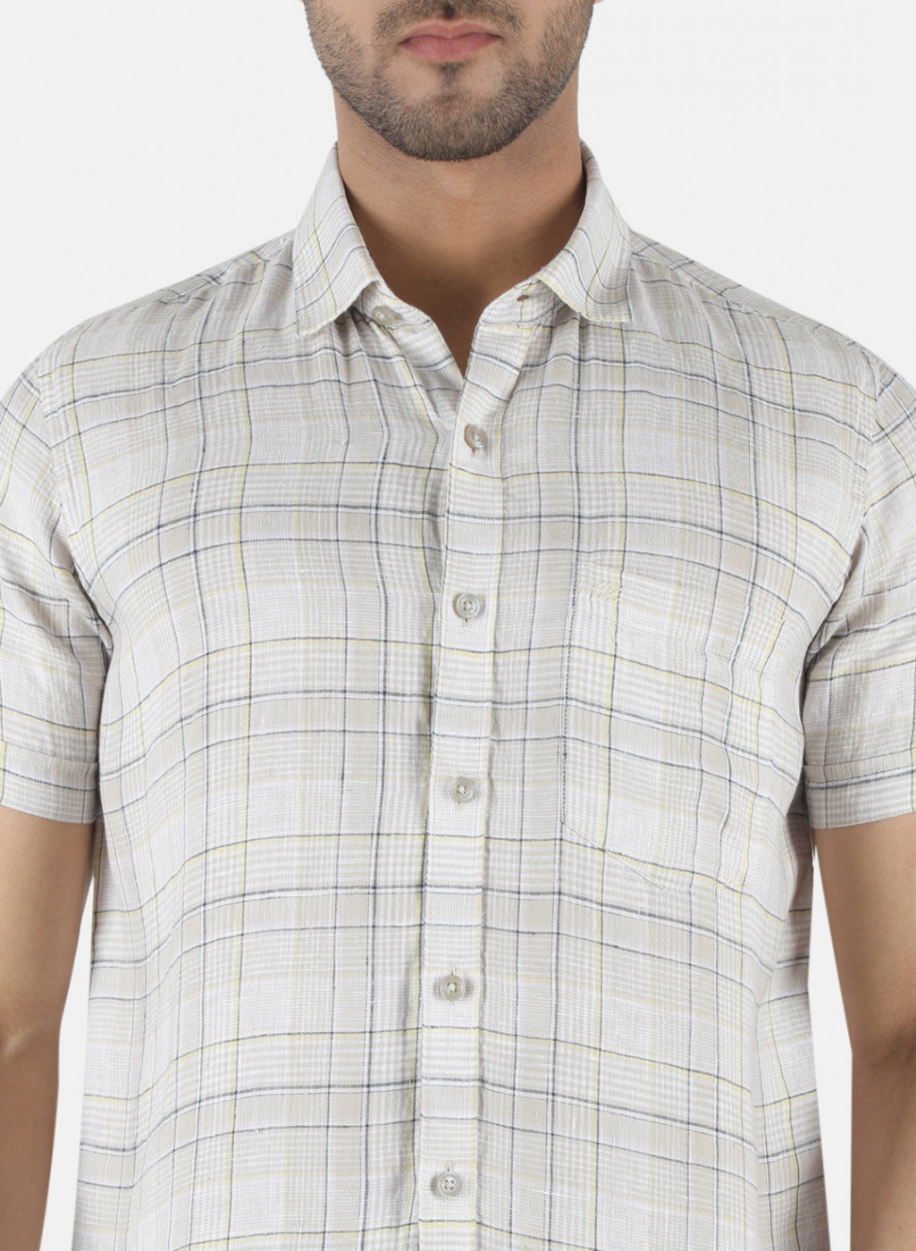Men Beige Check Linen Shirt
