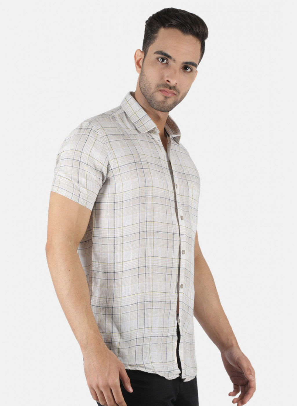 Men Beige Check Linen Shirt