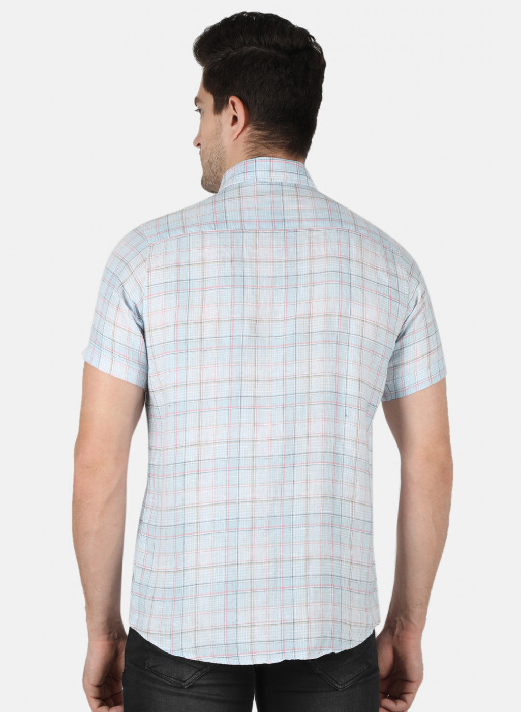 Men Blue Check Linen Shirt