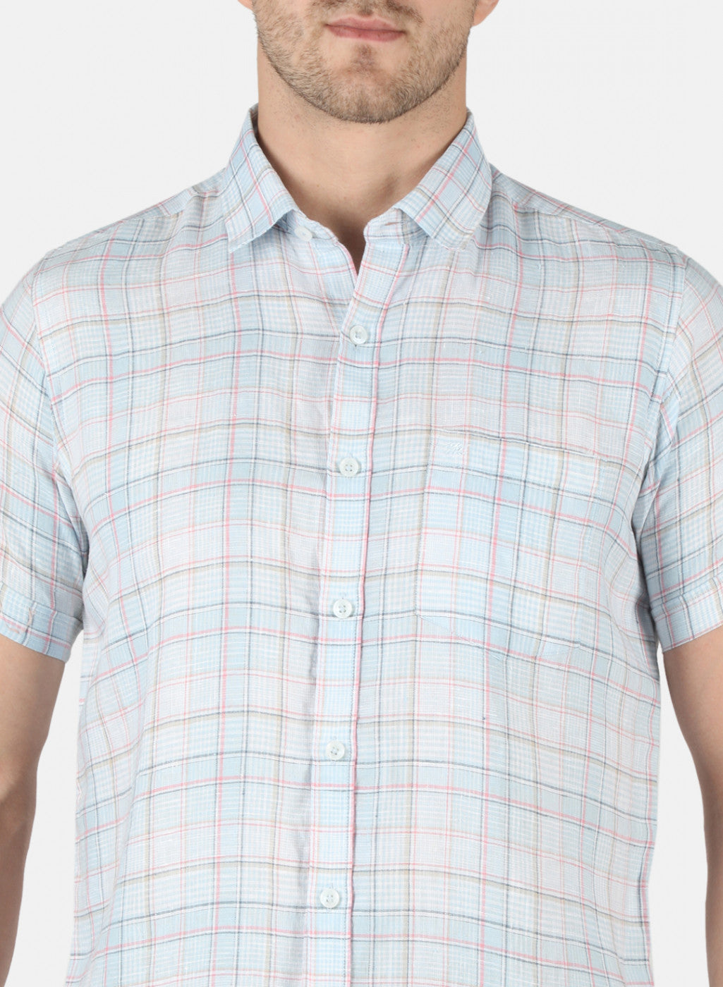 Men Blue Check Linen Shirt