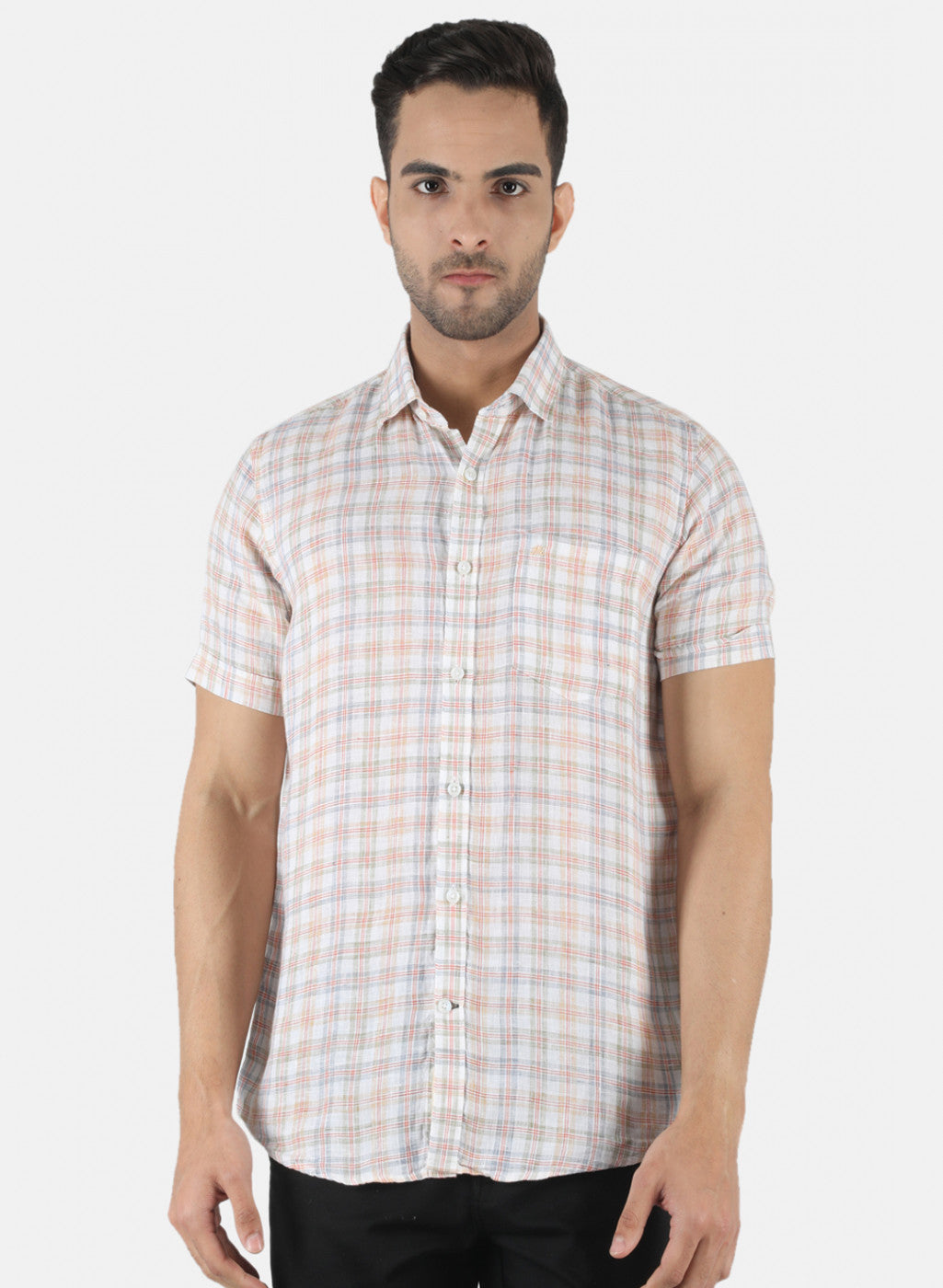 Men Orange Check Linen Shirt