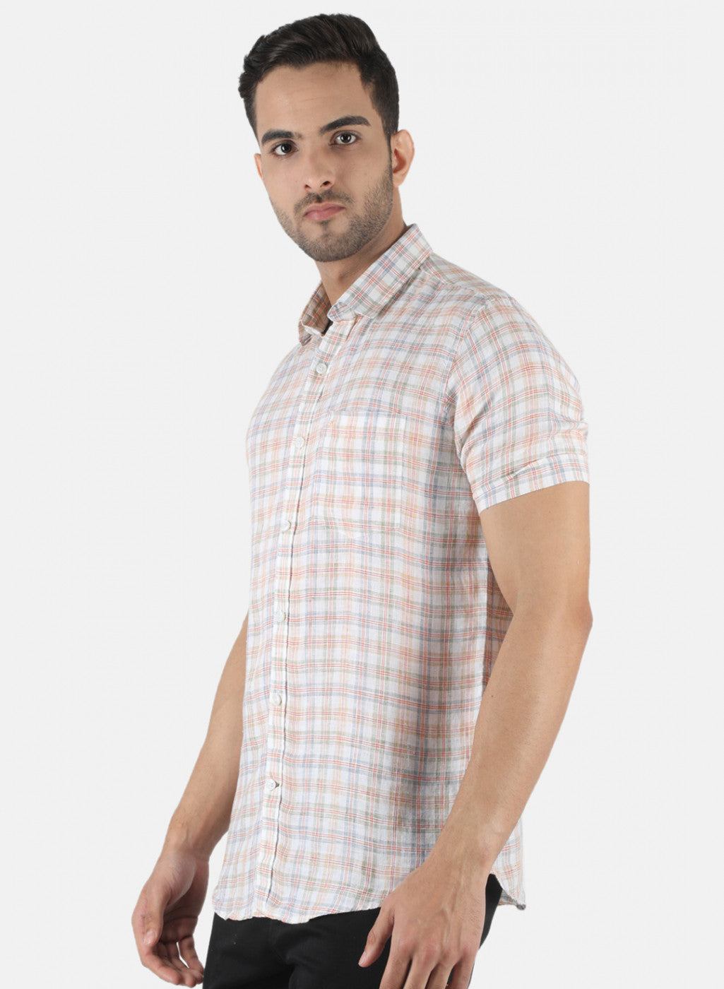 Men Orange Check Linen Shirt