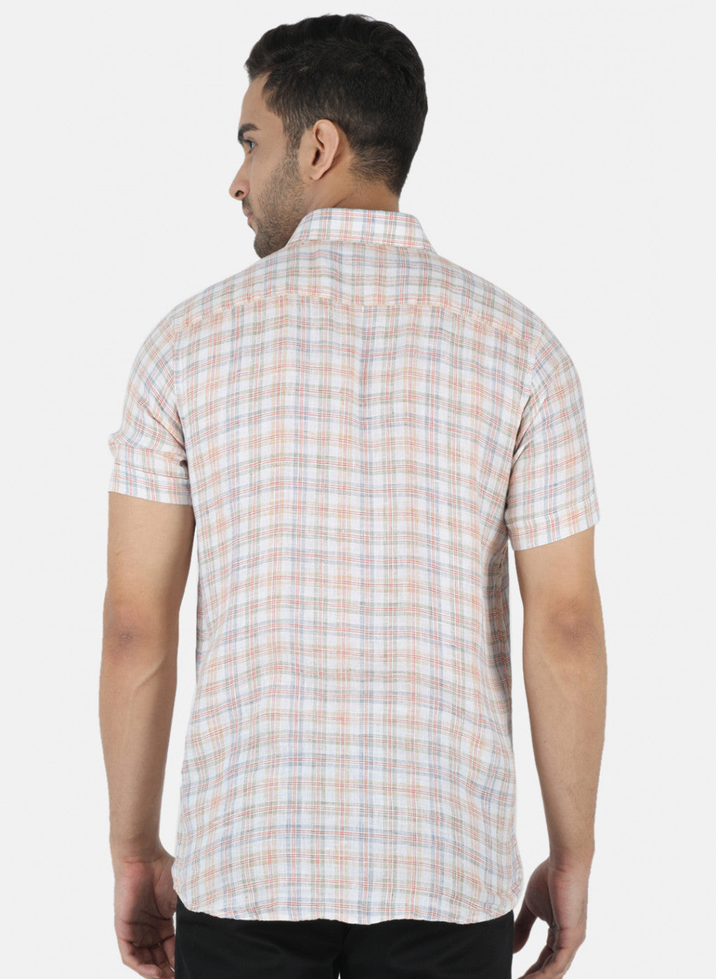 Men Orange Check Linen Shirt