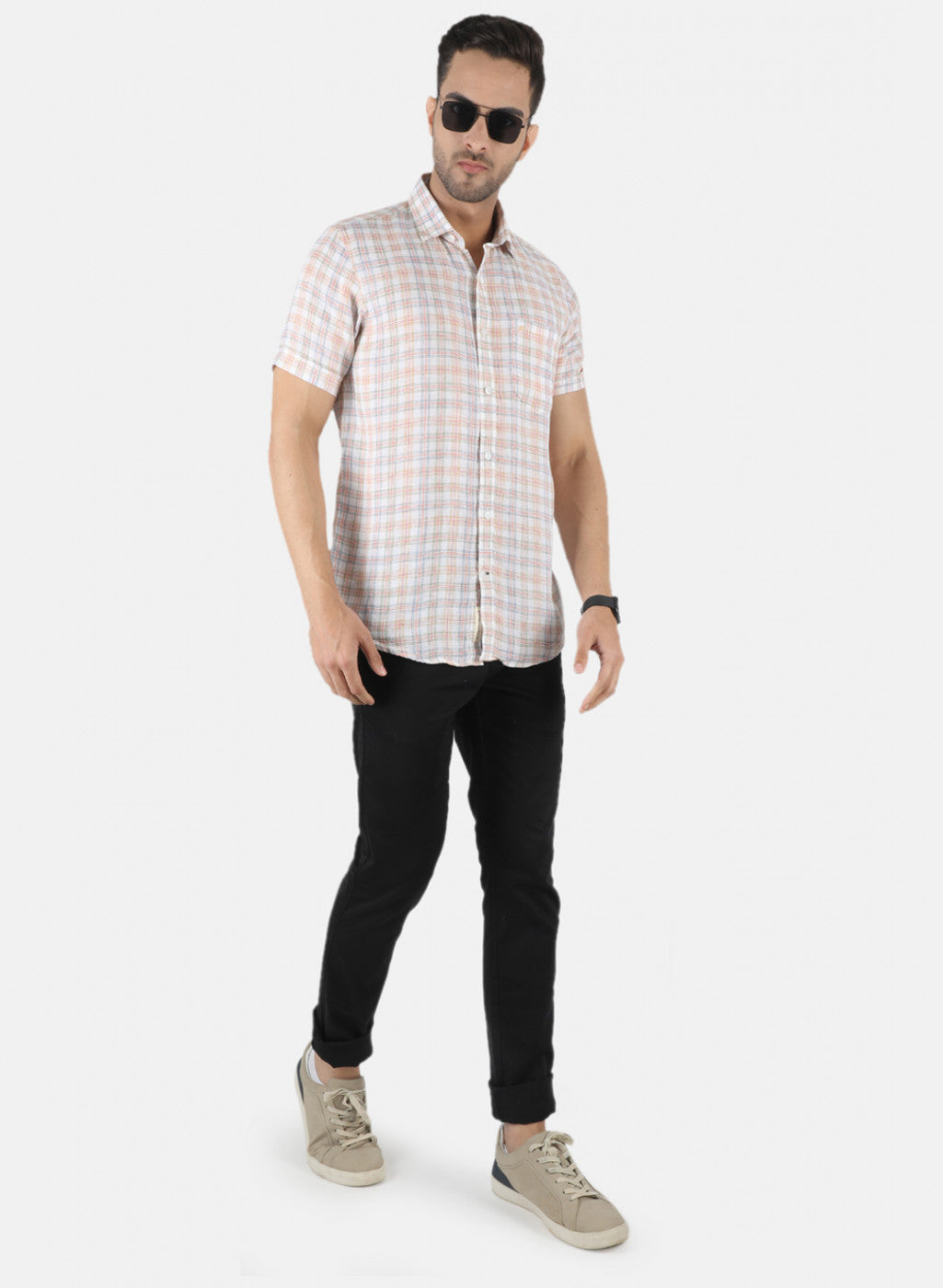 Men Orange Check Linen Shirt