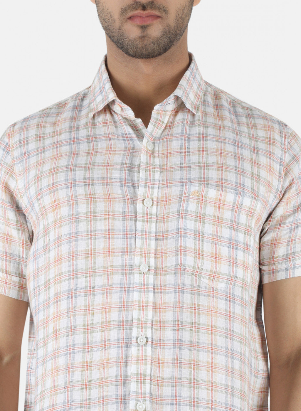 Men Orange Check Linen Shirt