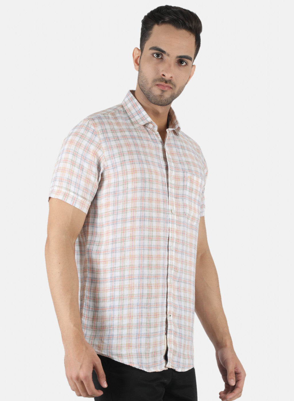 Men Orange Check Linen Shirt