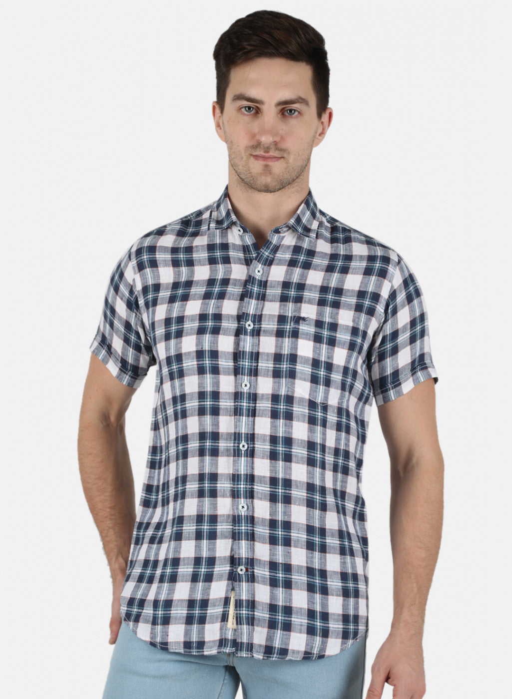 Men NAvy Blue Check Linen Shirt