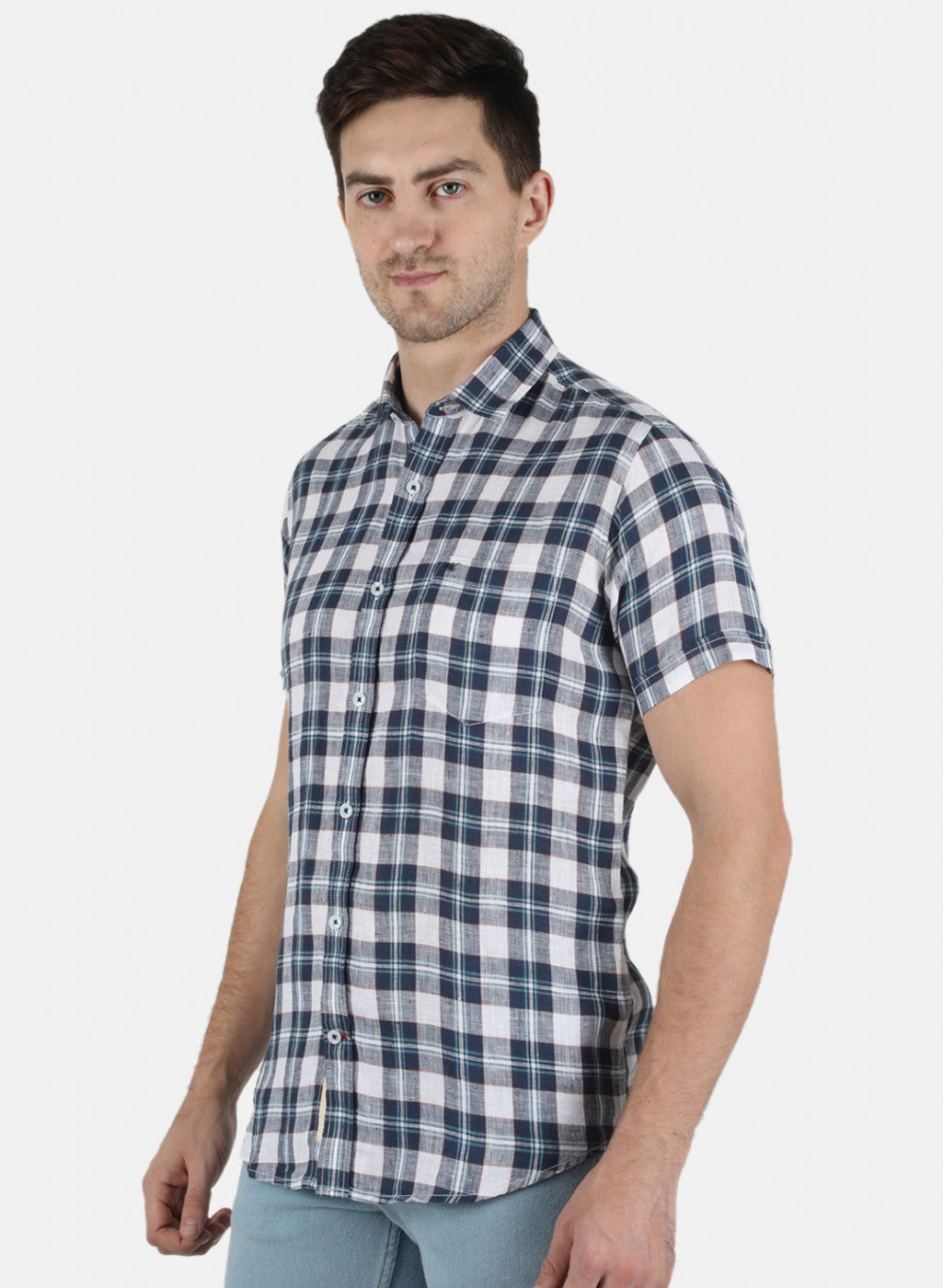 Men NAvy Blue Check Linen Shirt