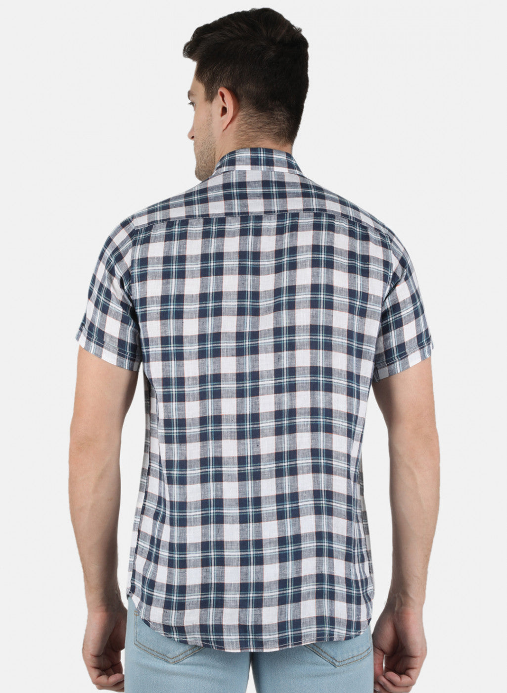Men NAvy Blue Check Linen Shirt