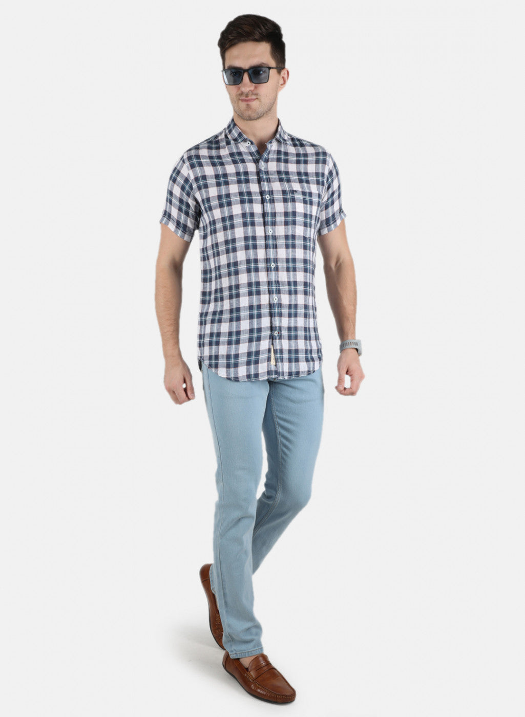 Men NAvy Blue Check Linen Shirt