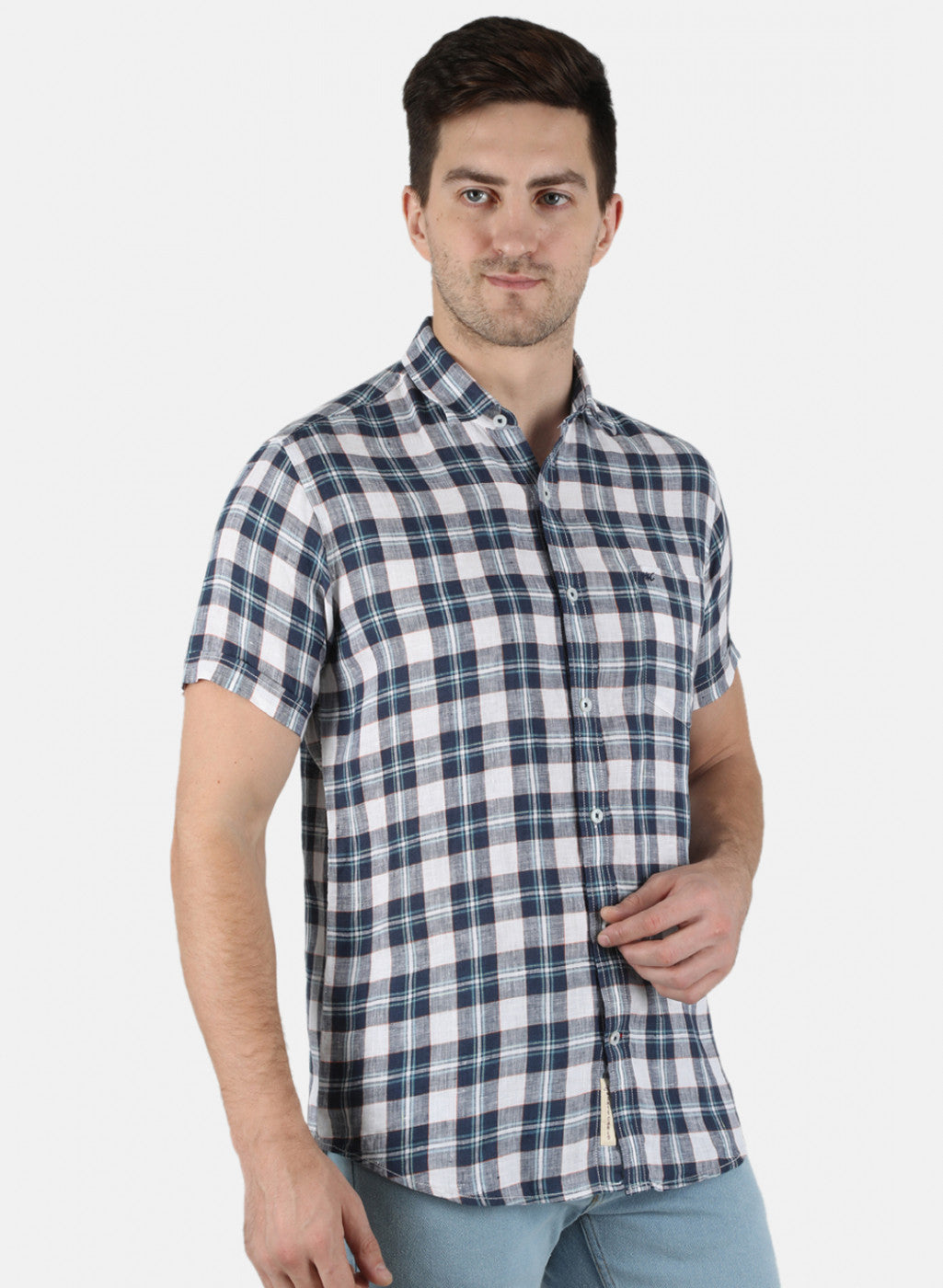 Men NAvy Blue Check Linen Shirt