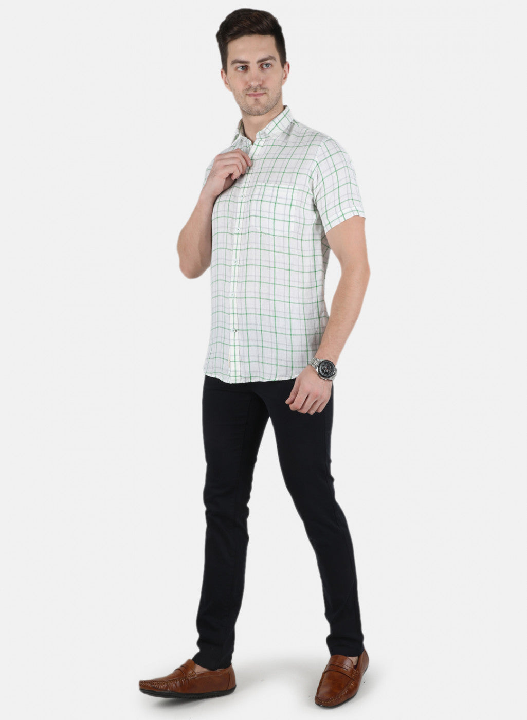 Men Green Check Linen Shirt