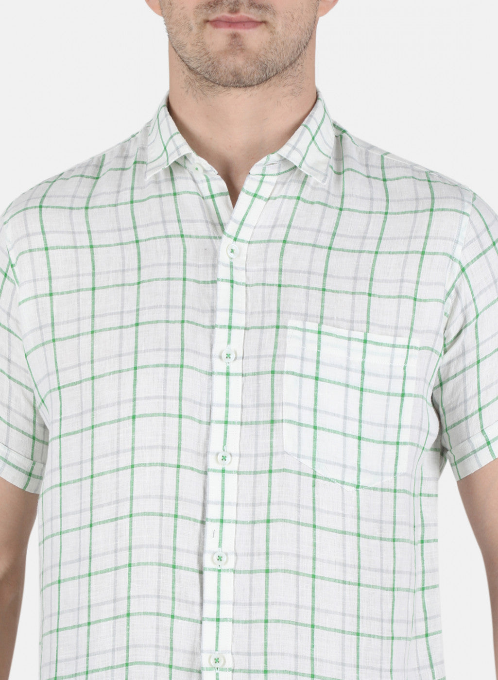 Men Green Check Linen Shirt