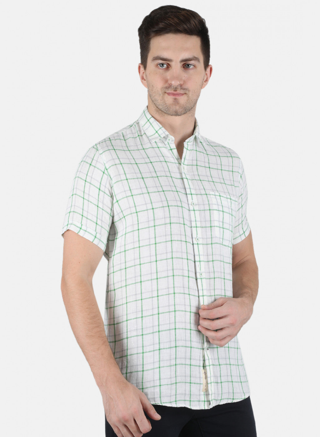 Men Green Check Linen Shirt