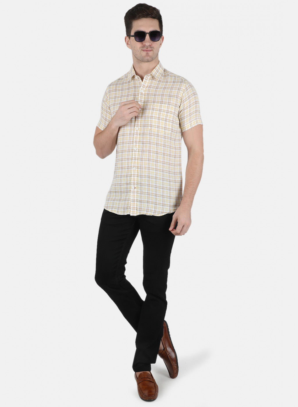 Men Yellow Check Linen Shirt
