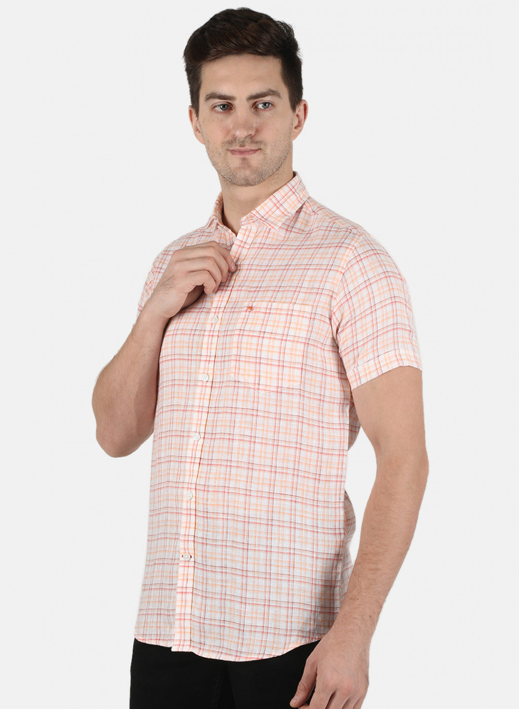 Men Orange Check Linen Shirt