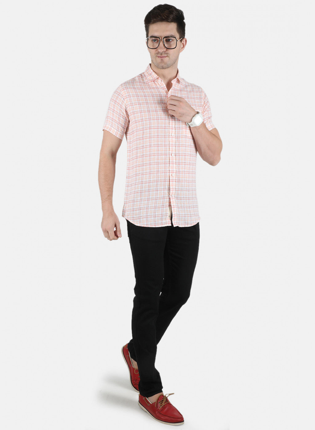 Men Orange Check Linen Shirt