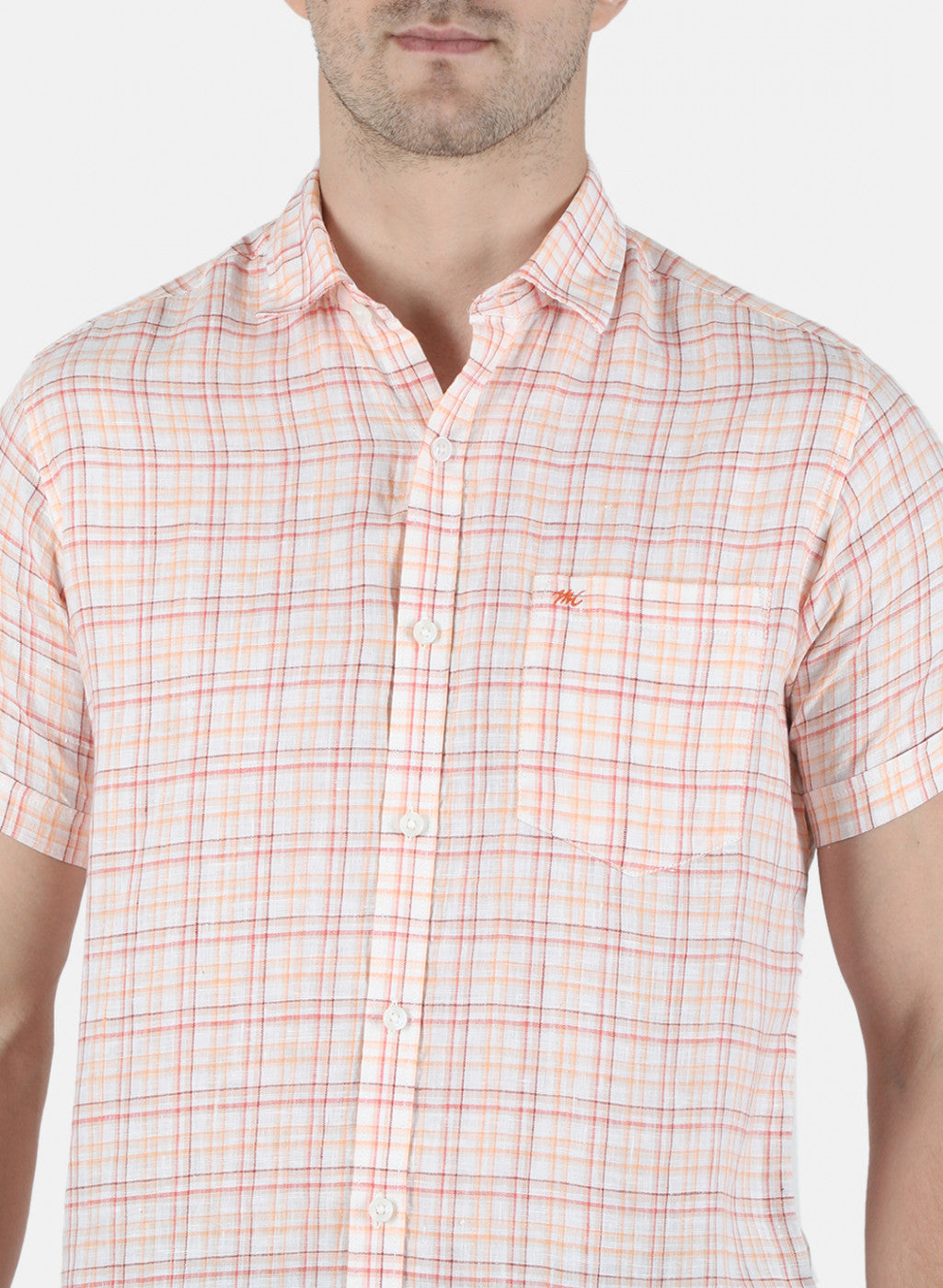 Men Orange Check Linen Shirt