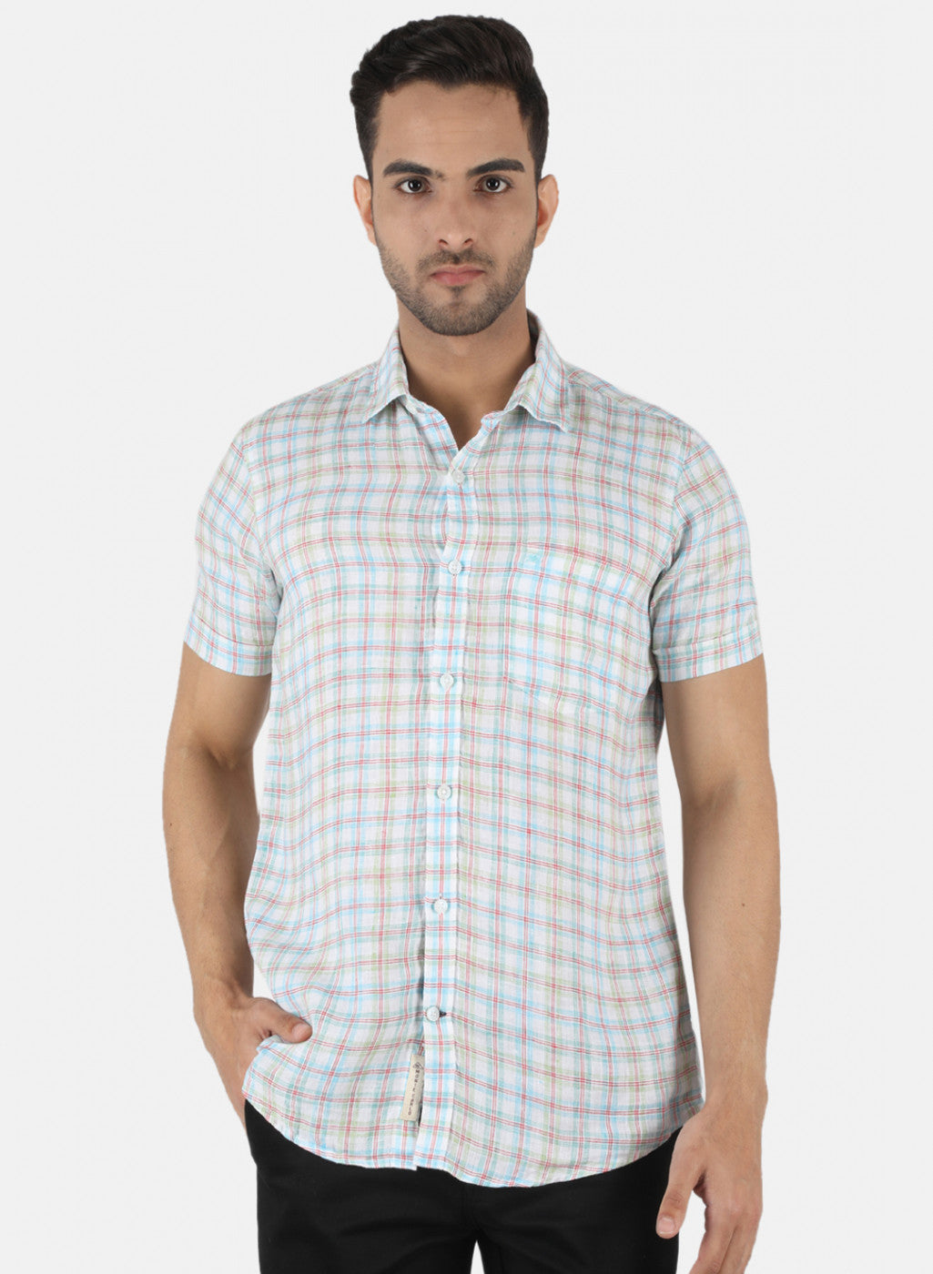 Men Blue Check Linen Shirt