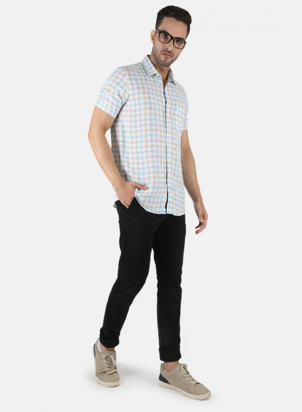 Men Blue Check Linen Shirt