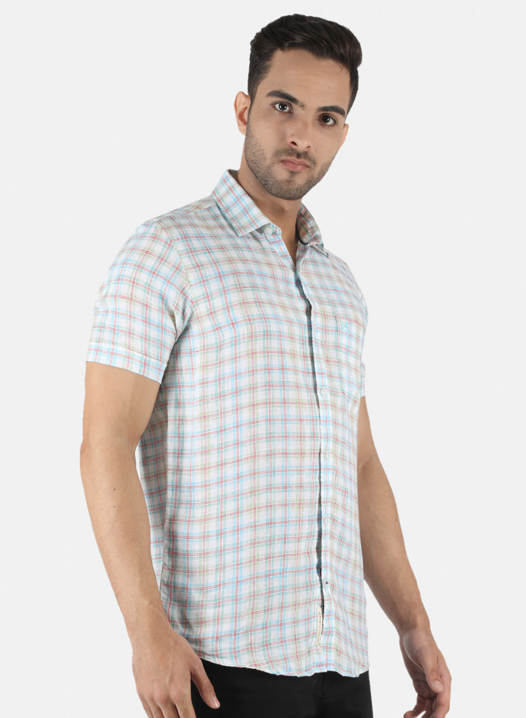 Men Blue Check Linen Shirt