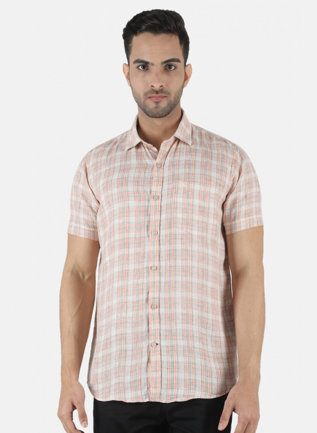 Men Beige Check Linen Shirt