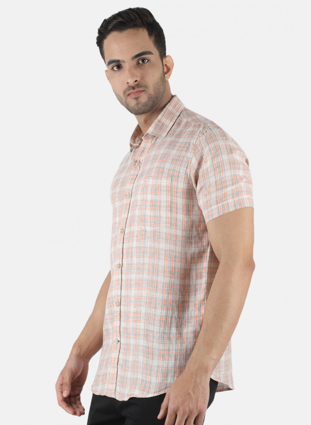 Men Beige Check Linen Shirt