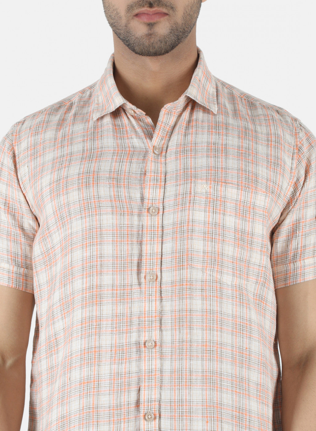 Men Beige Check Linen Shirt