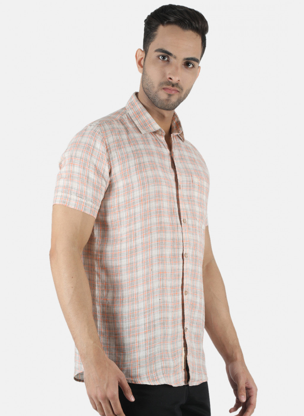Men Beige Check Linen Shirt