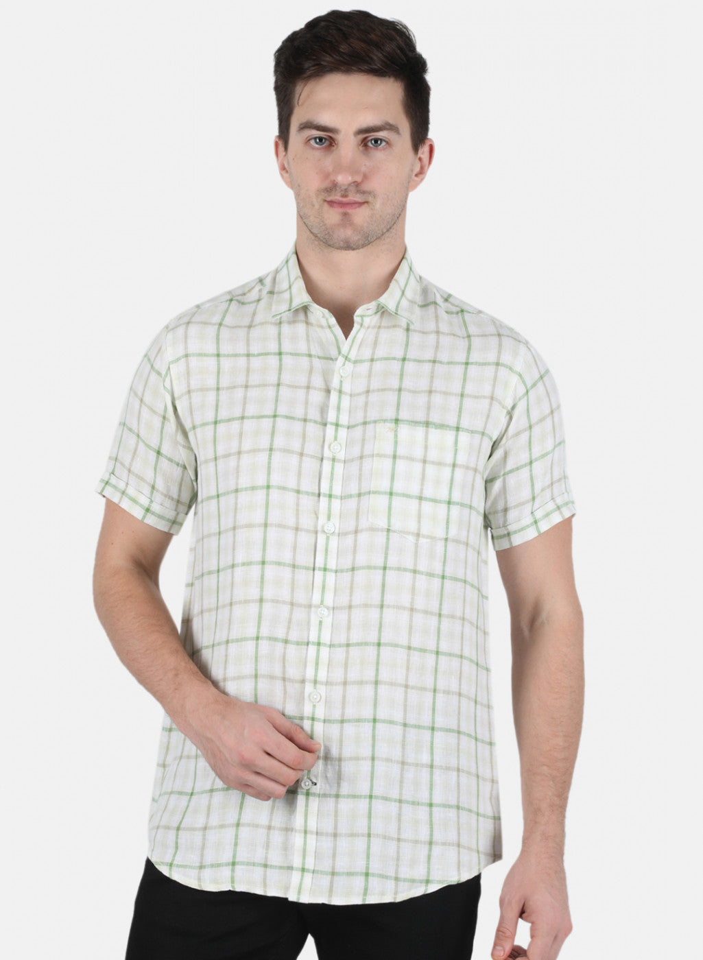 Men Green Check Linen Shirt
