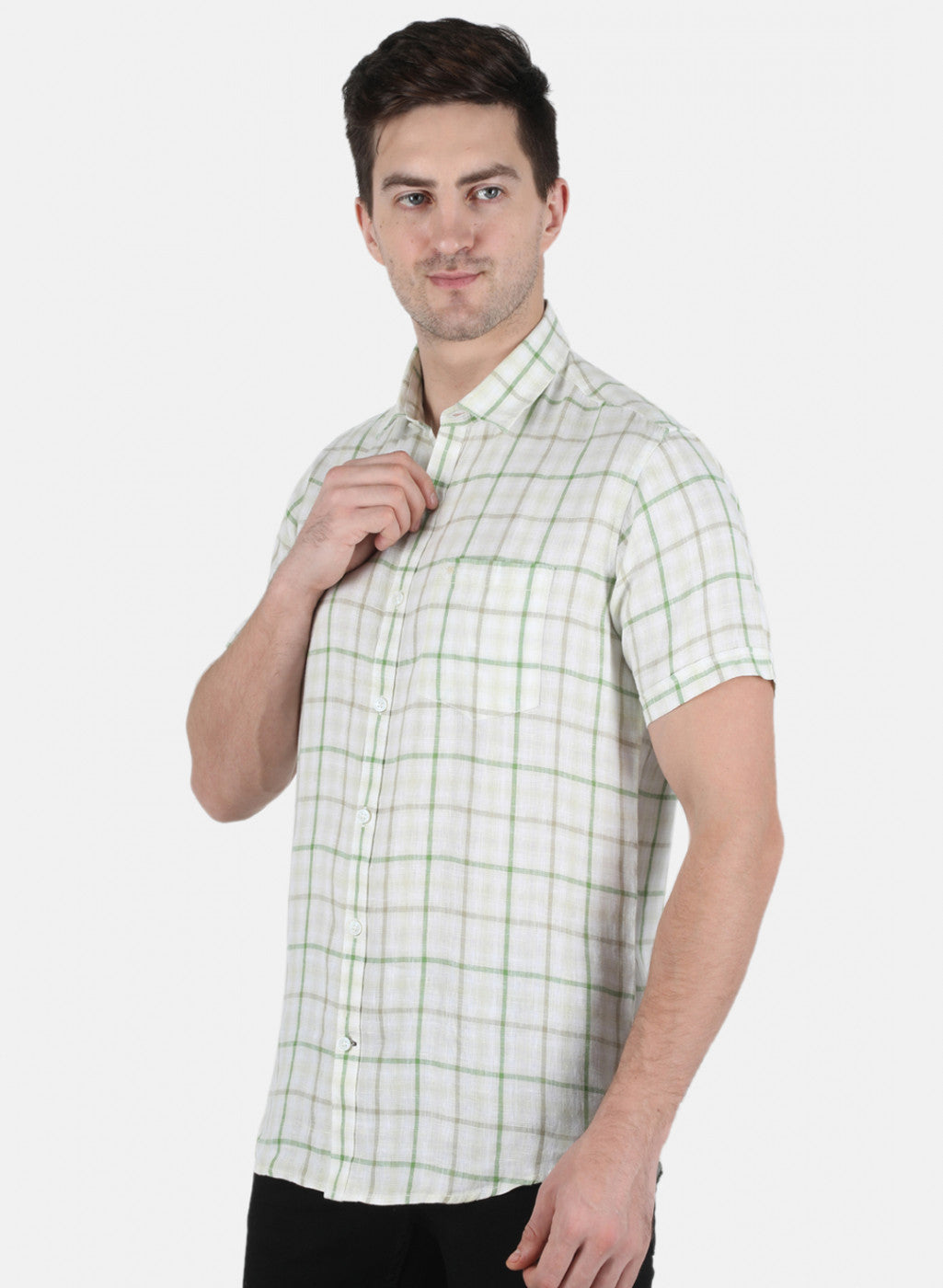 Men Green Check Linen Shirt