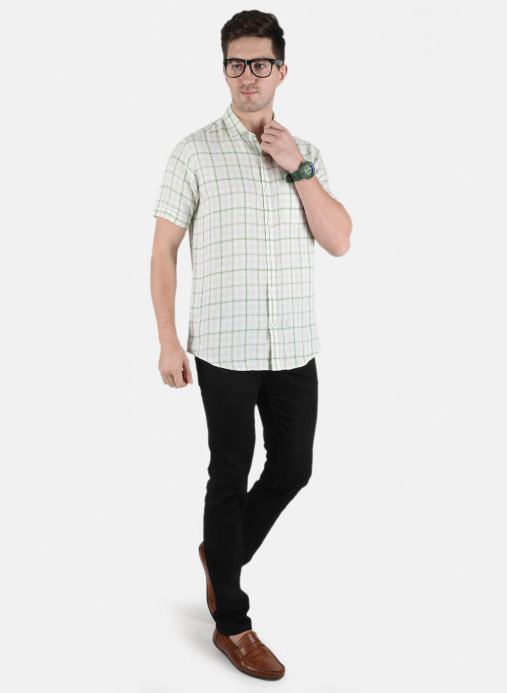 Men Green Check Linen Shirt