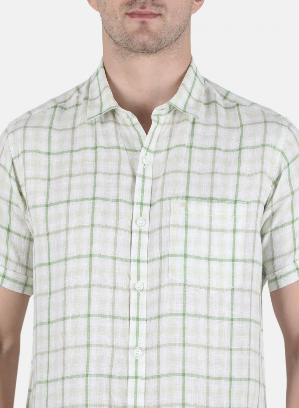 Men Green Check Linen Shirt