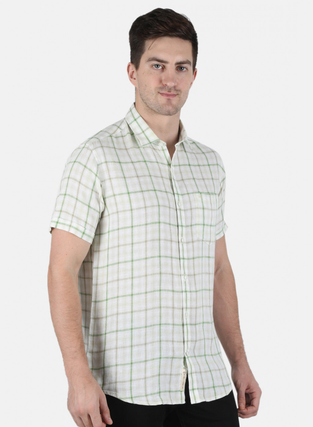 Men Green Check Linen Shirt