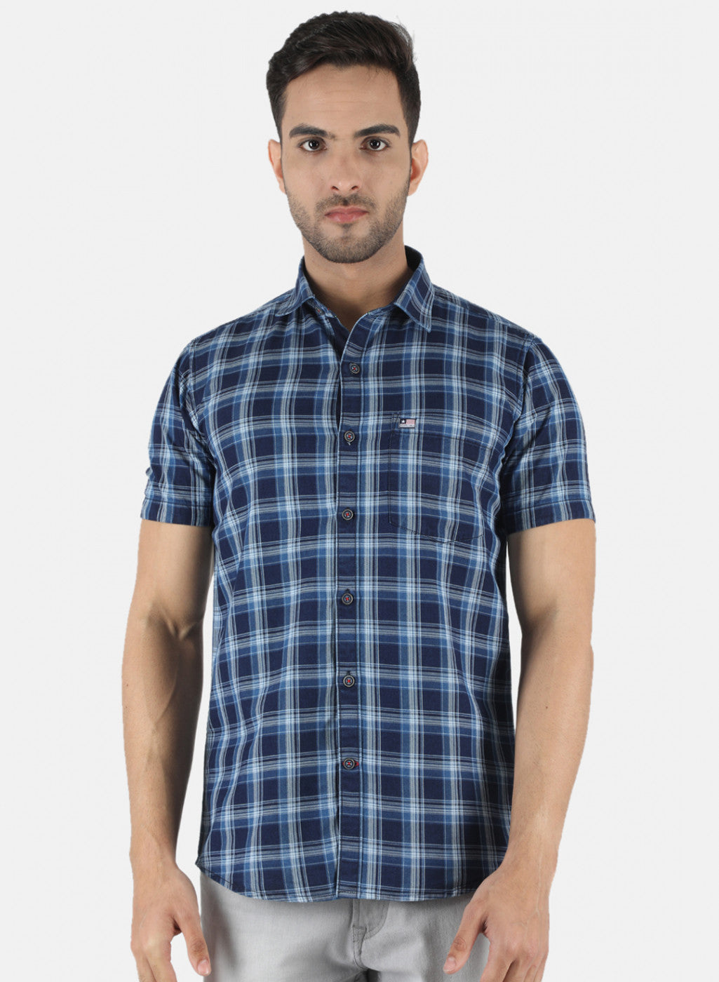 Men Navy Blue Check Shirt