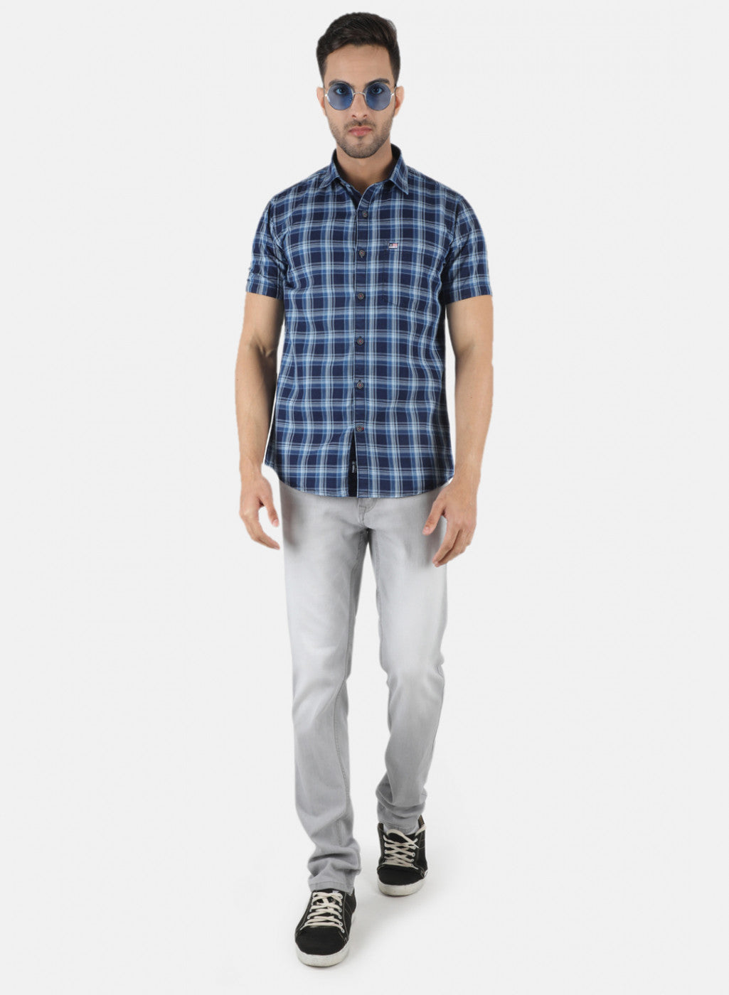 Men Navy Blue Check Shirt