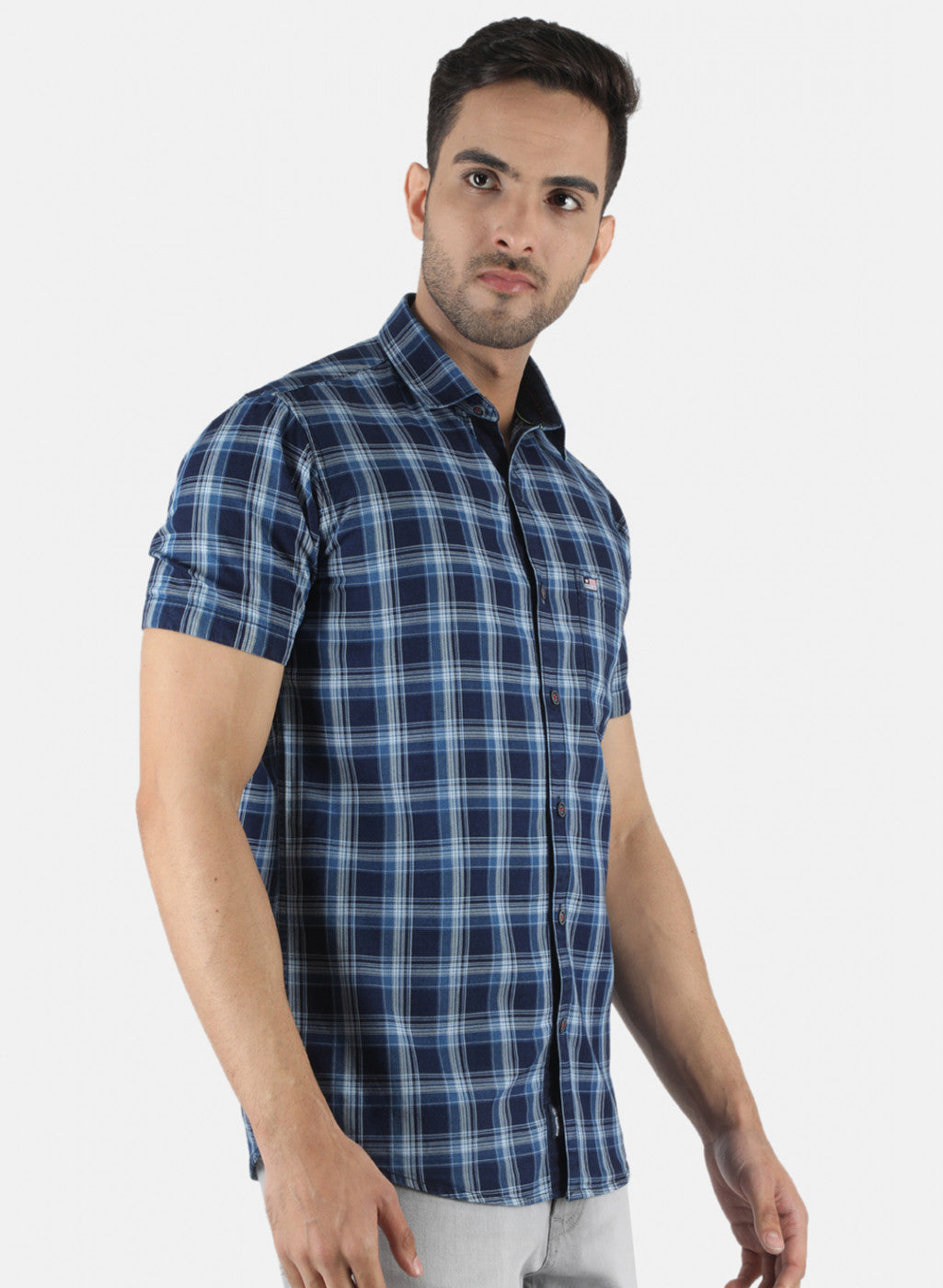 Men Navy Blue Check Shirt
