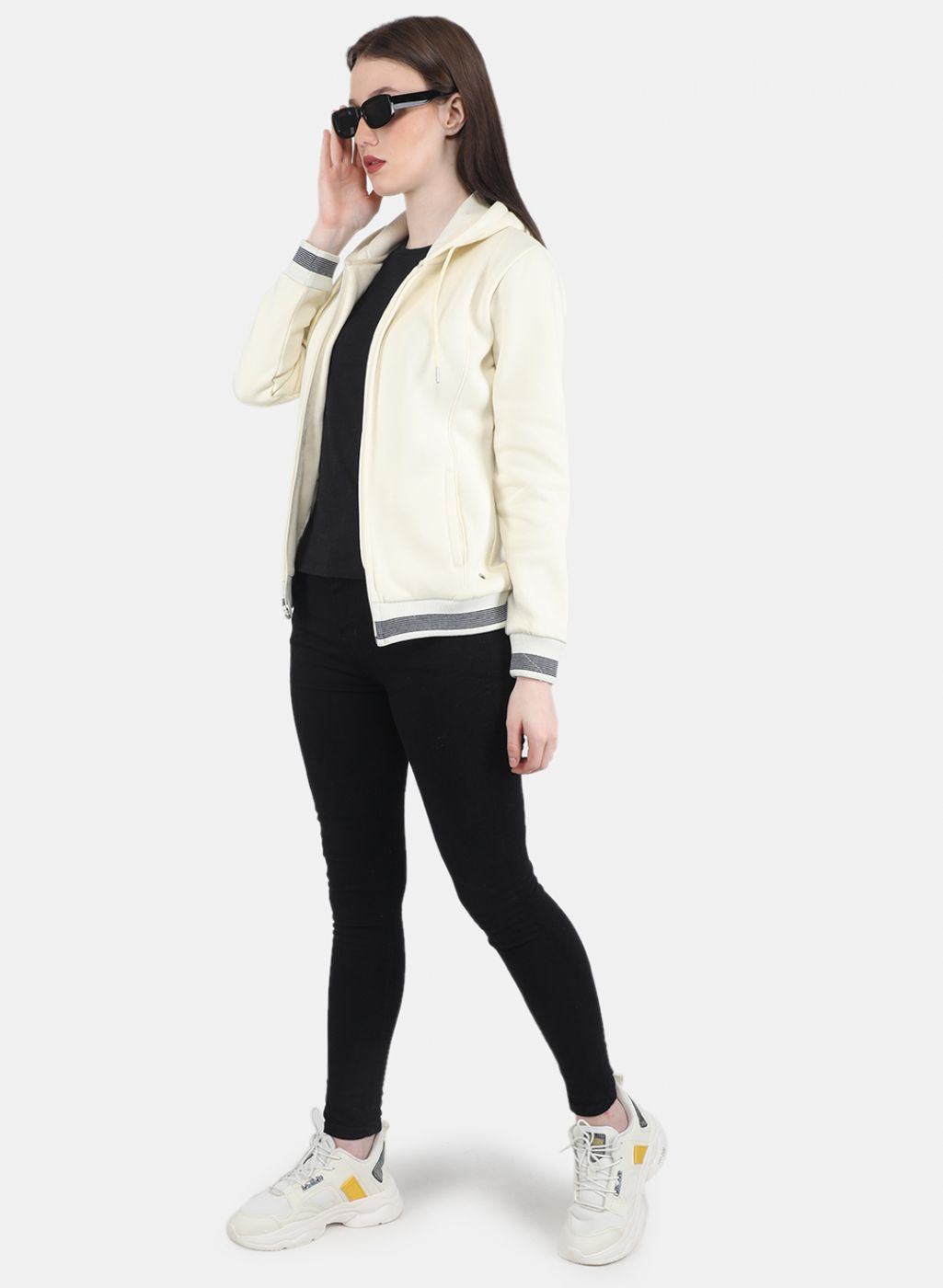 Women Cream Solid Sweatshirt