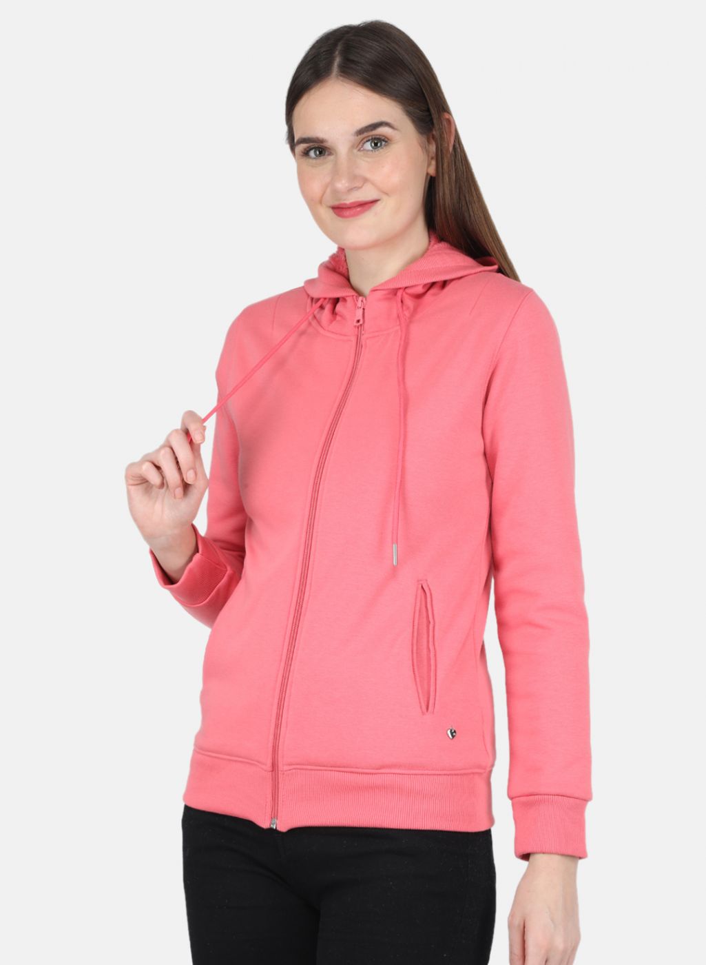 Women Coral Pink Solid Sweatshirt