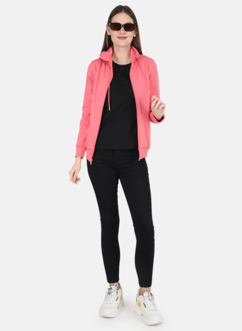 Women Coral Pink Solid Sweatshirt