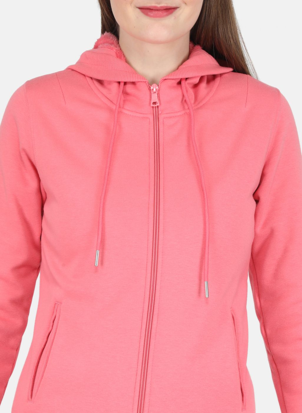Women Coral Pink Solid Sweatshirt
