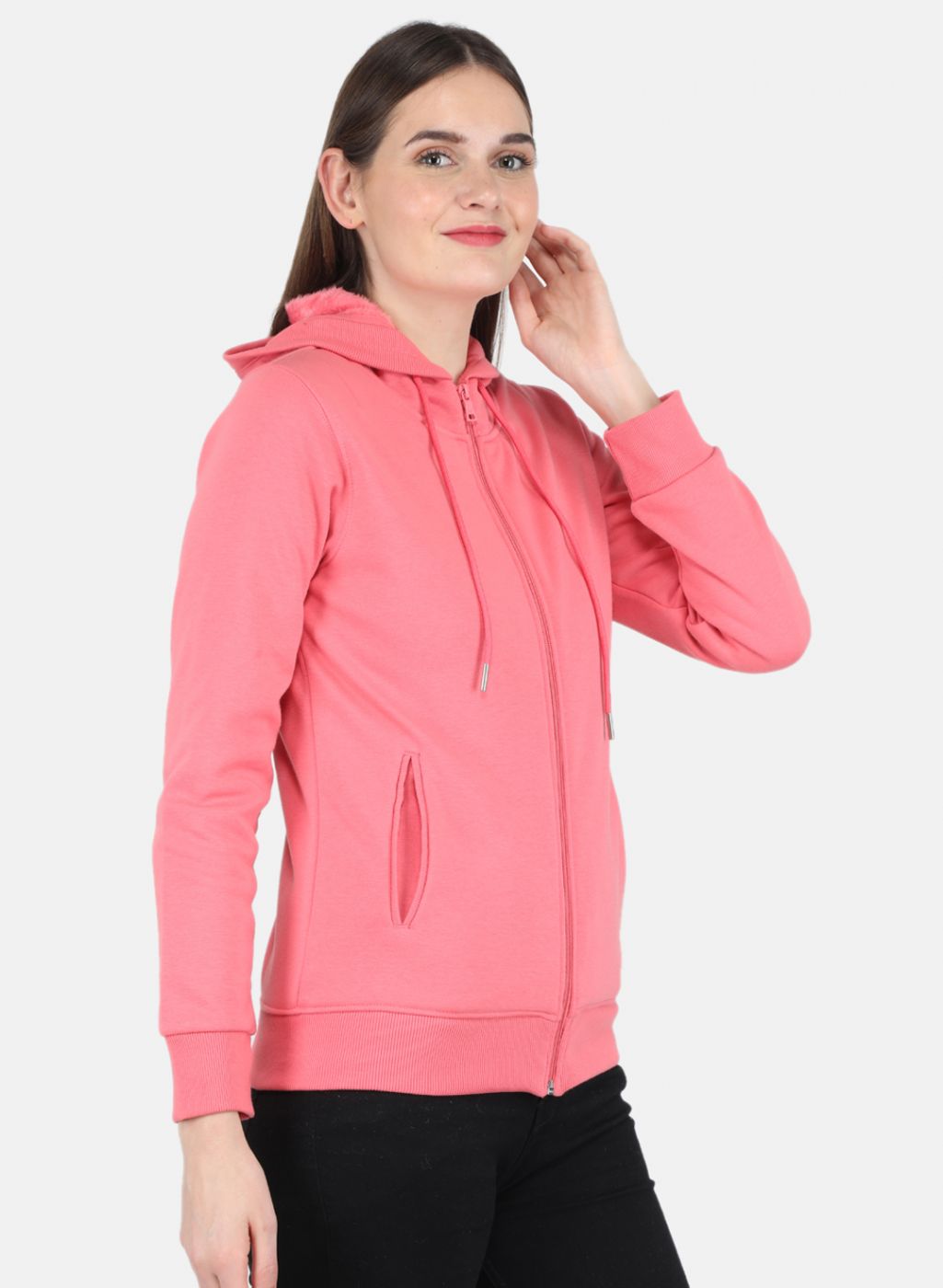 Women Coral Pink Solid Sweatshirt