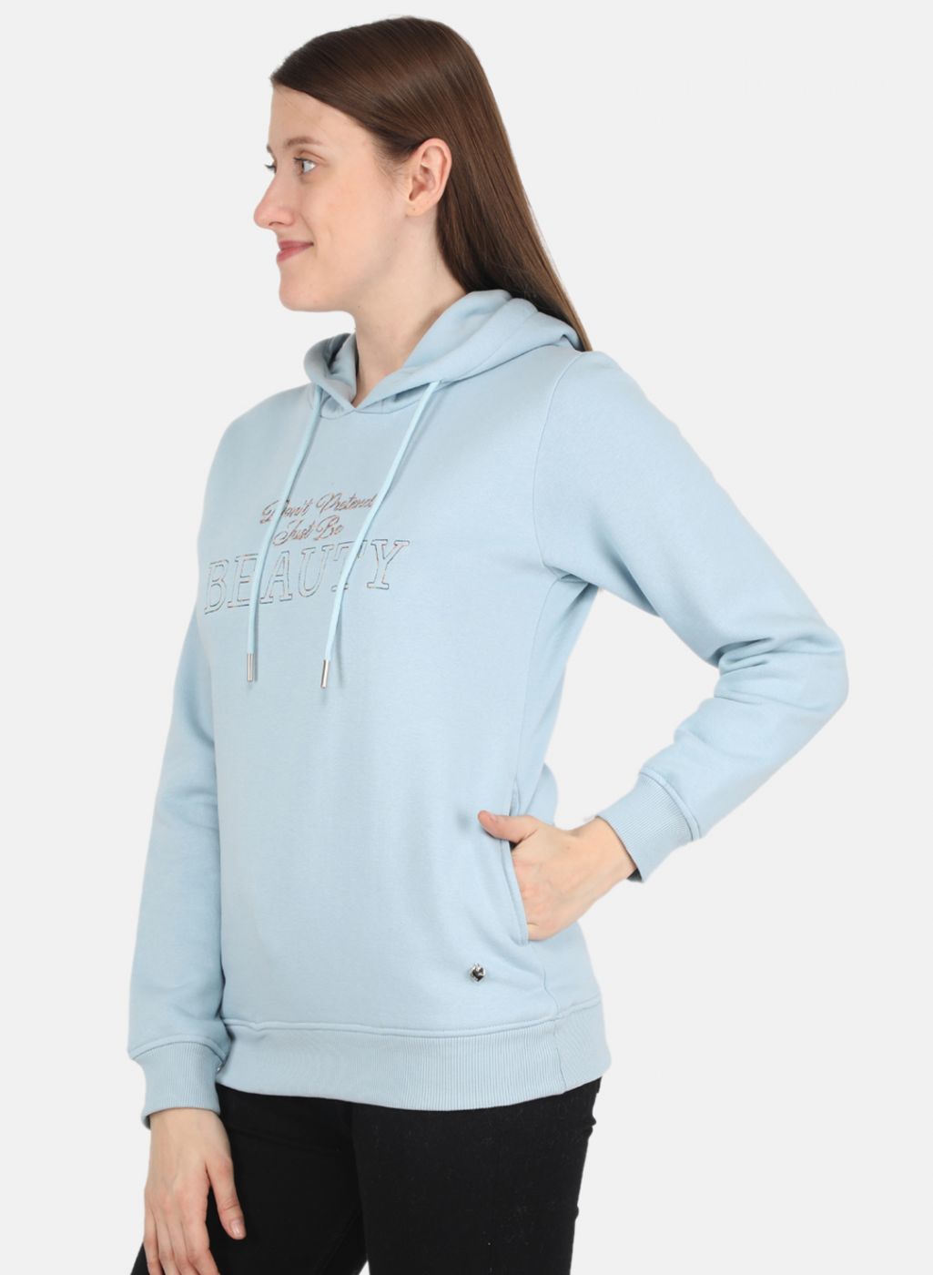 Women Sky Blue Embroidered Sweatshirt