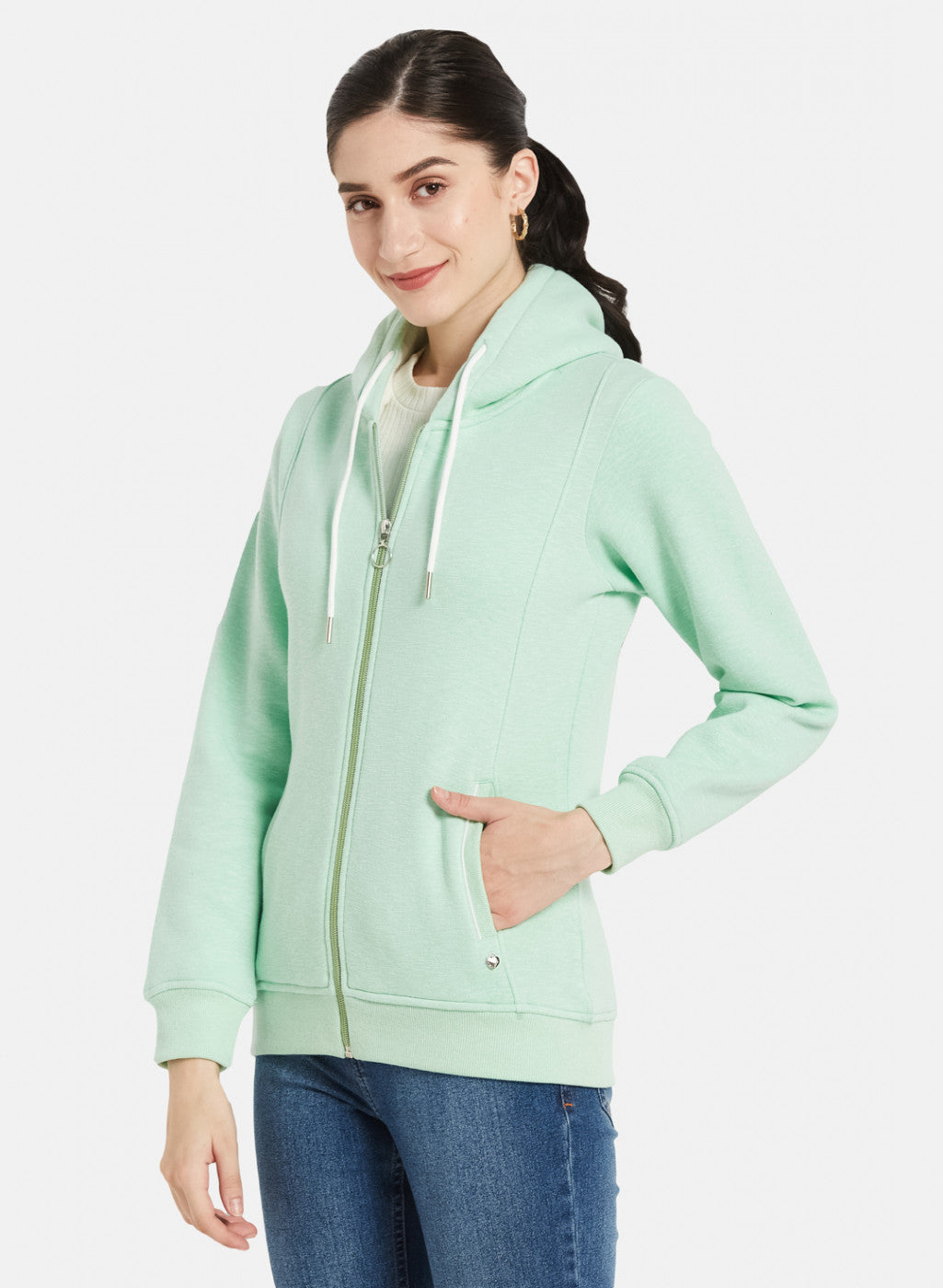 Women Sea Green Solid Sweatshirt
