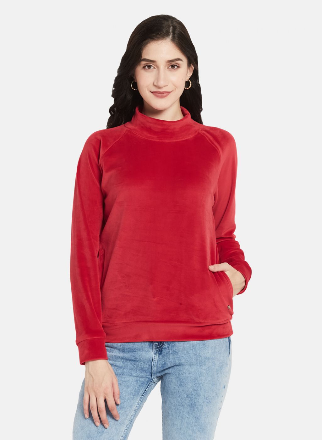 Women Red Solid Sweatshirt